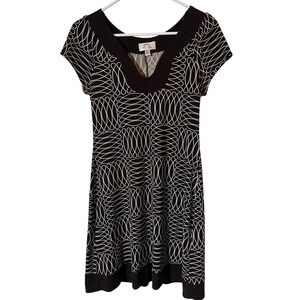 Sweet Storm Shift Dress Large Mod Geometric Print Brown Cream White Cap Sleeve